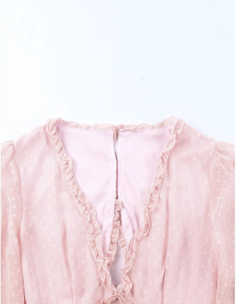 Pink Layered Ruffled Open Back Puff Sleeve Swiss Dot Mini Dress