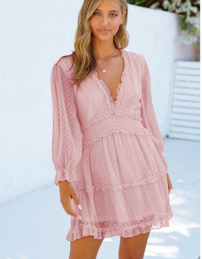 Pink Layered Ruffled Open Back Puff Sleeve Swiss Dot Mini Dress
