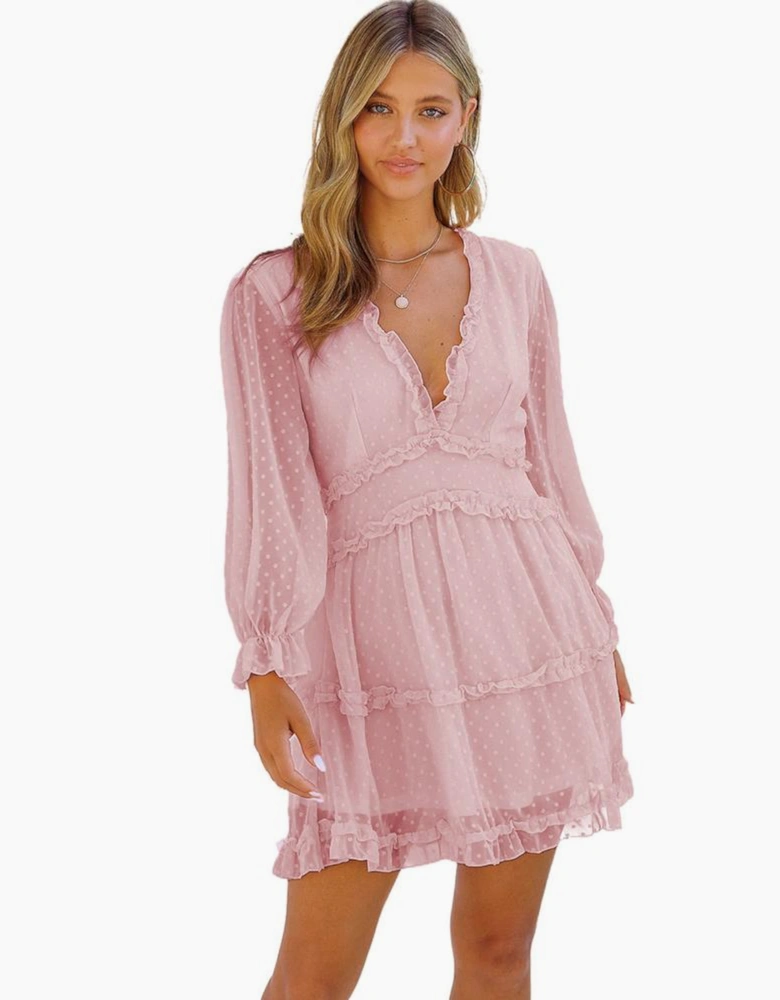 Pink Layered Ruffled Open Back Puff Sleeve Swiss Dot Mini Dress