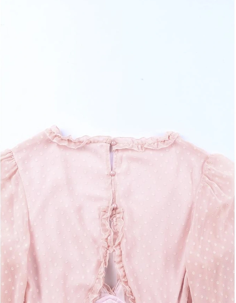 Pink Layered Ruffled Open Back Puff Sleeve Swiss Dot Mini Dress