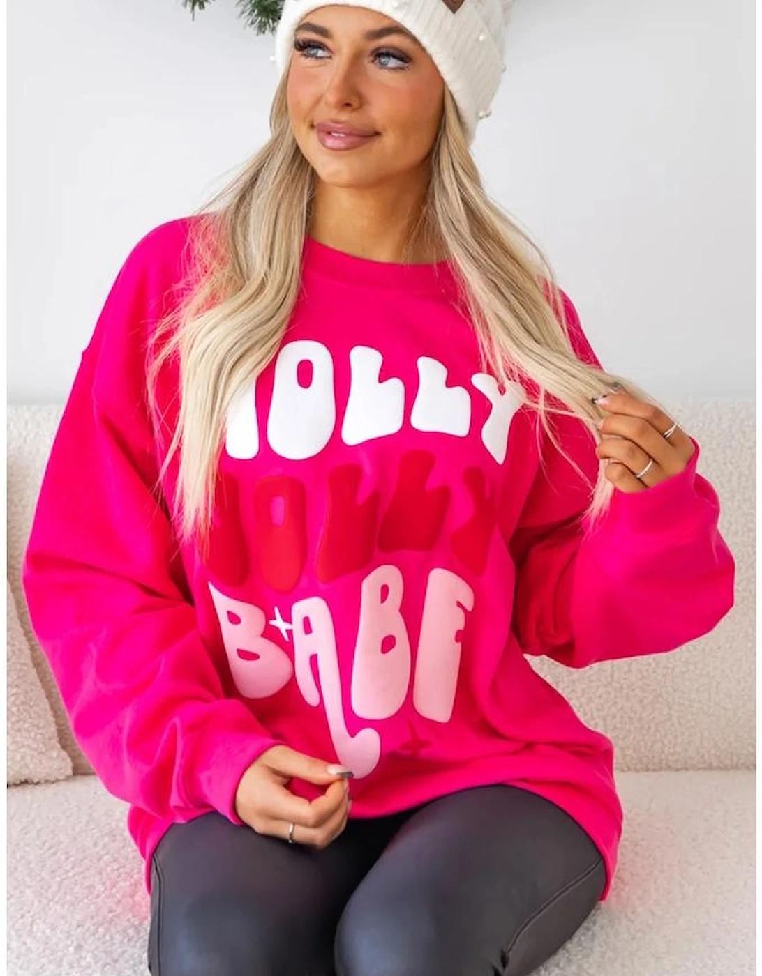 Rose Red Christmas Holly Jolly Babe Graphic Oversized Sweatshirt