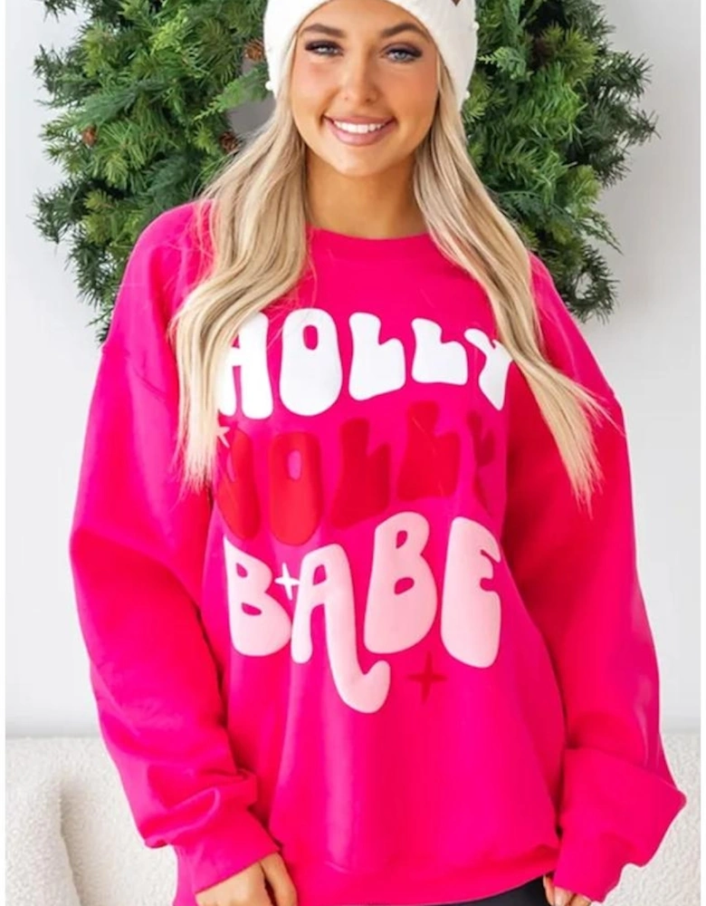 Rose Red Christmas Holly Jolly Babe Graphic Oversized Sweatshirt