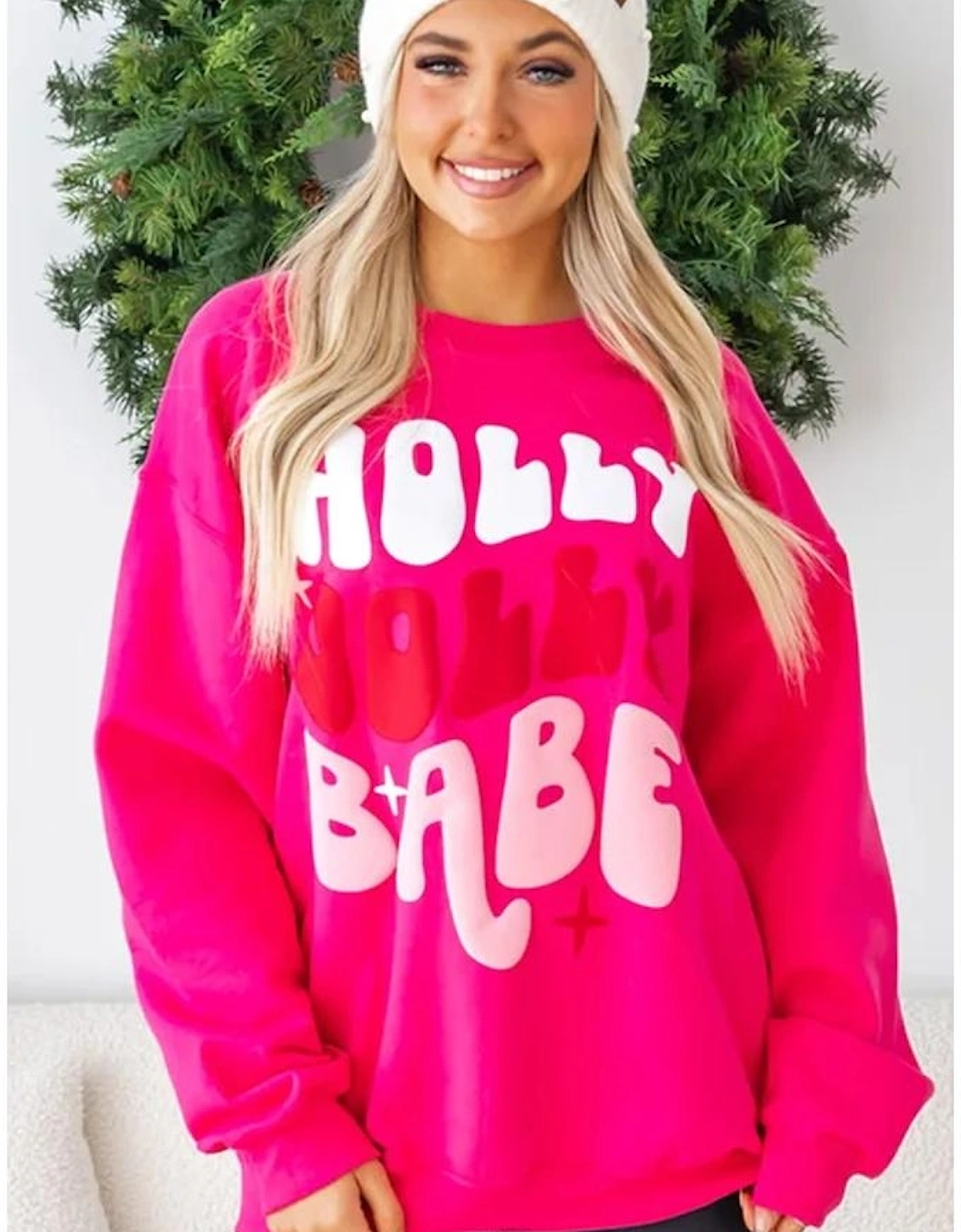 Rose Red Christmas Holly Jolly Babe Graphic Oversized Sweatshirt