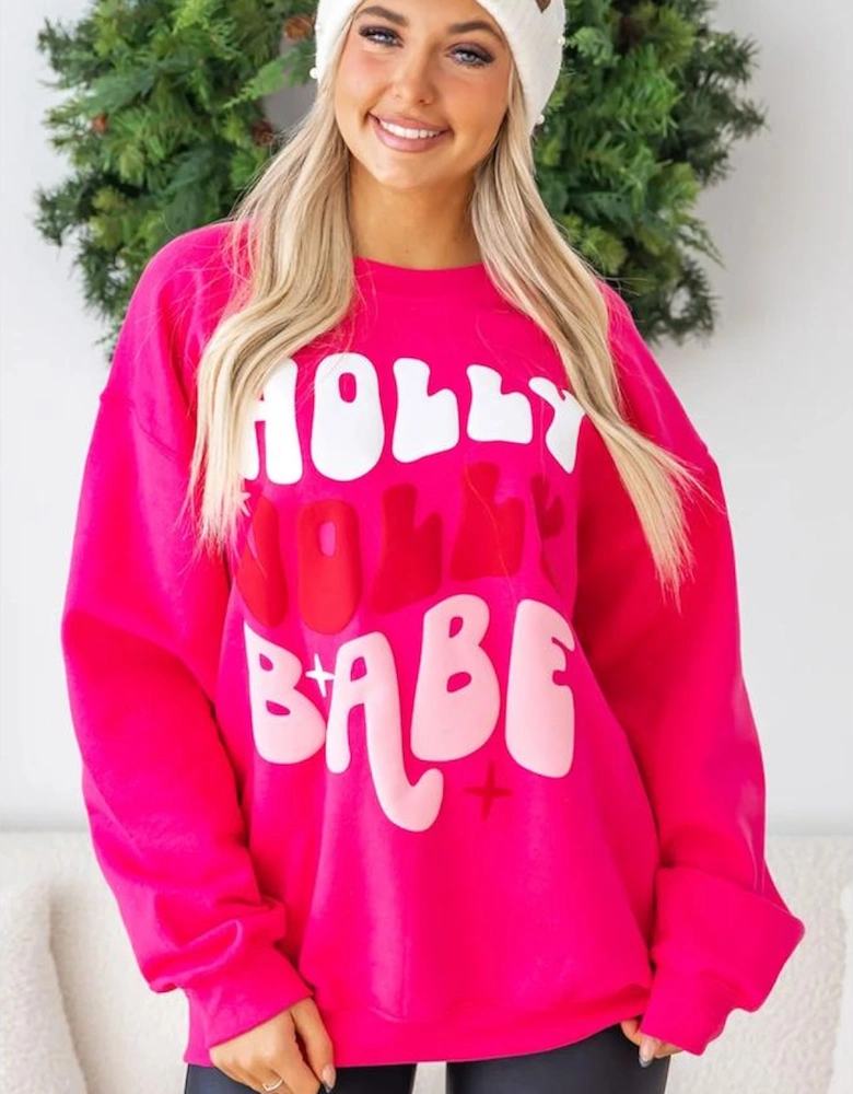 Rose Red Christmas Holly Jolly Babe Graphic Oversized Sweatshirt