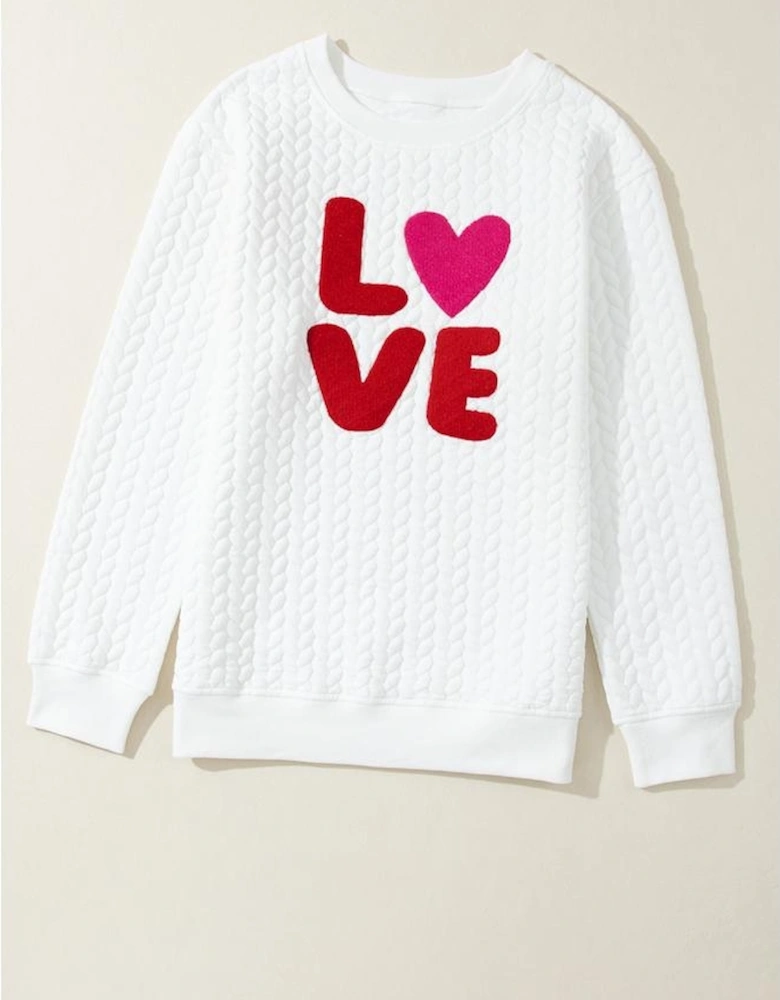 White LOVE Chenille Embroidered Cable Knit Pullover Sweatshirt
