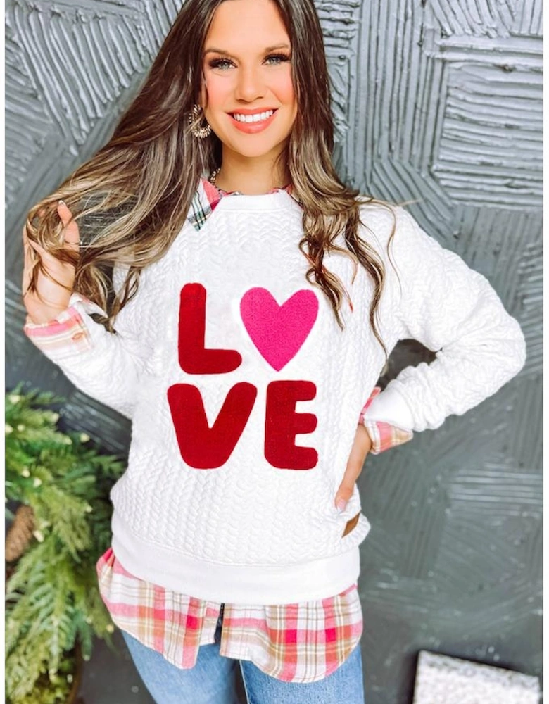 White LOVE Chenille Embroidered Cable Knit Pullover Sweatshirt
