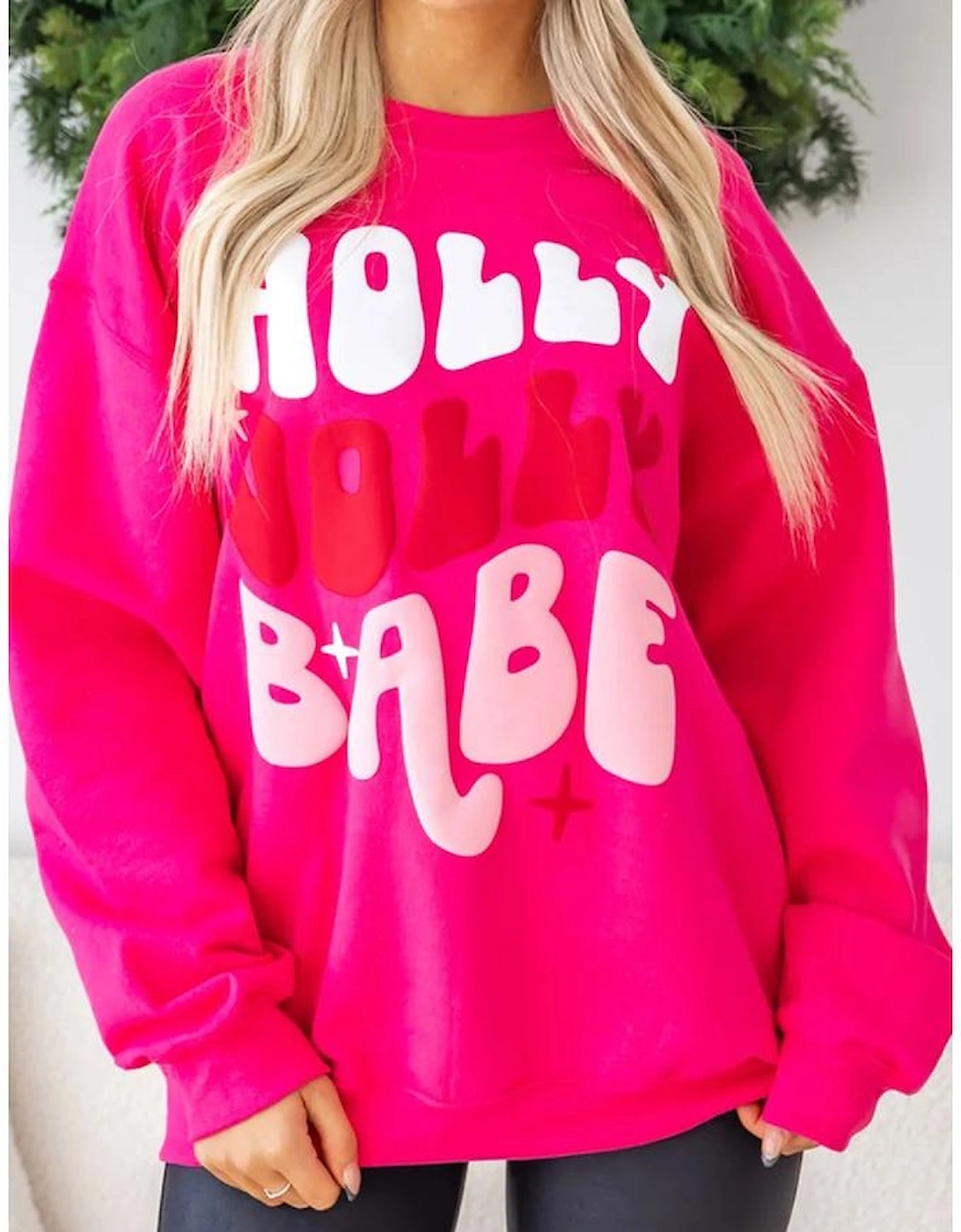 Rose Red Christmas Holly Jolly Babe Graphic Oversized Sweatshirt