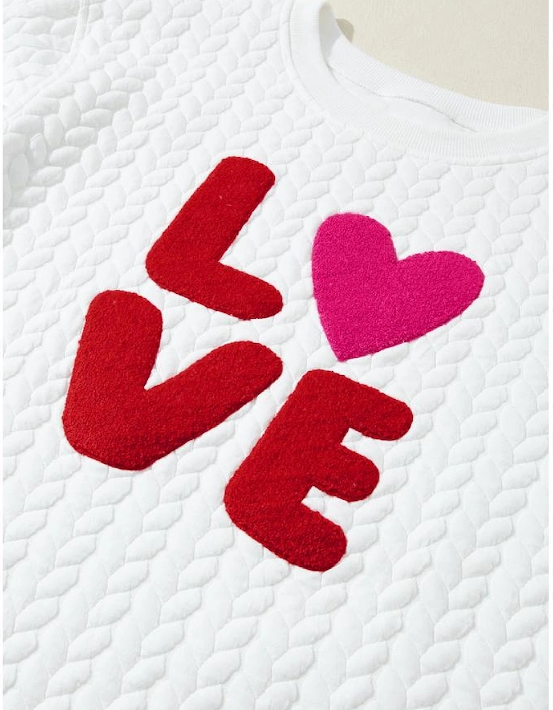 White LOVE Chenille Embroidered Cable Knit Pullover Sweatshirt