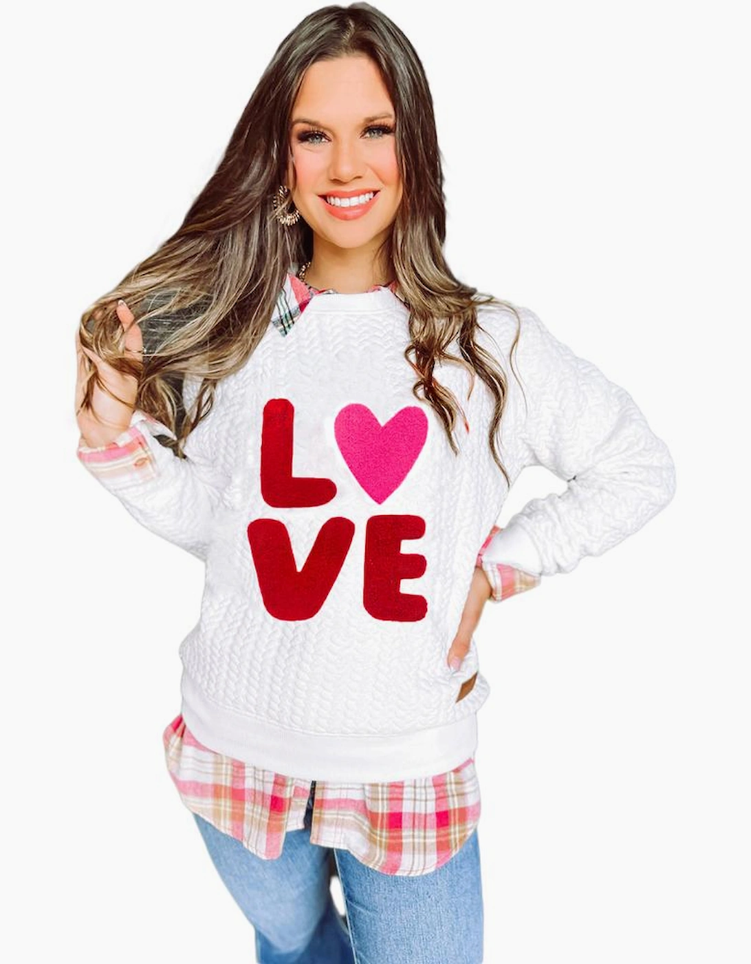 White LOVE Chenille Embroidered Cable Knit Pullover Sweatshirt