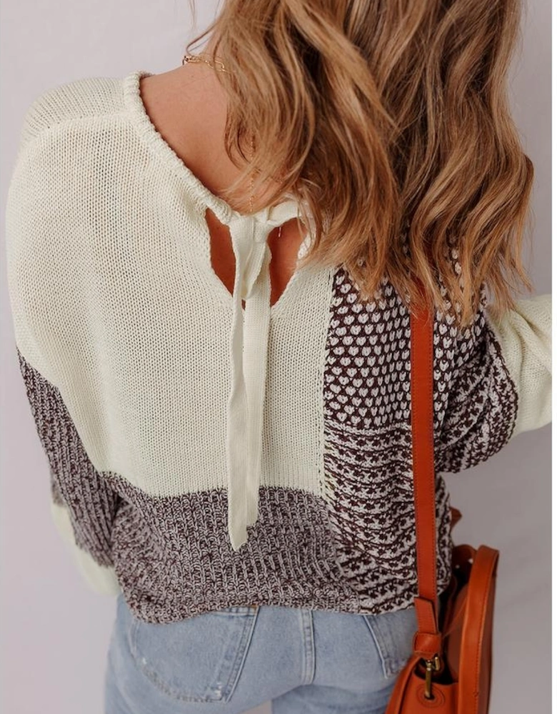 Dark Khaki Color Block Back Tie Drop Shoulder Loose Sweater