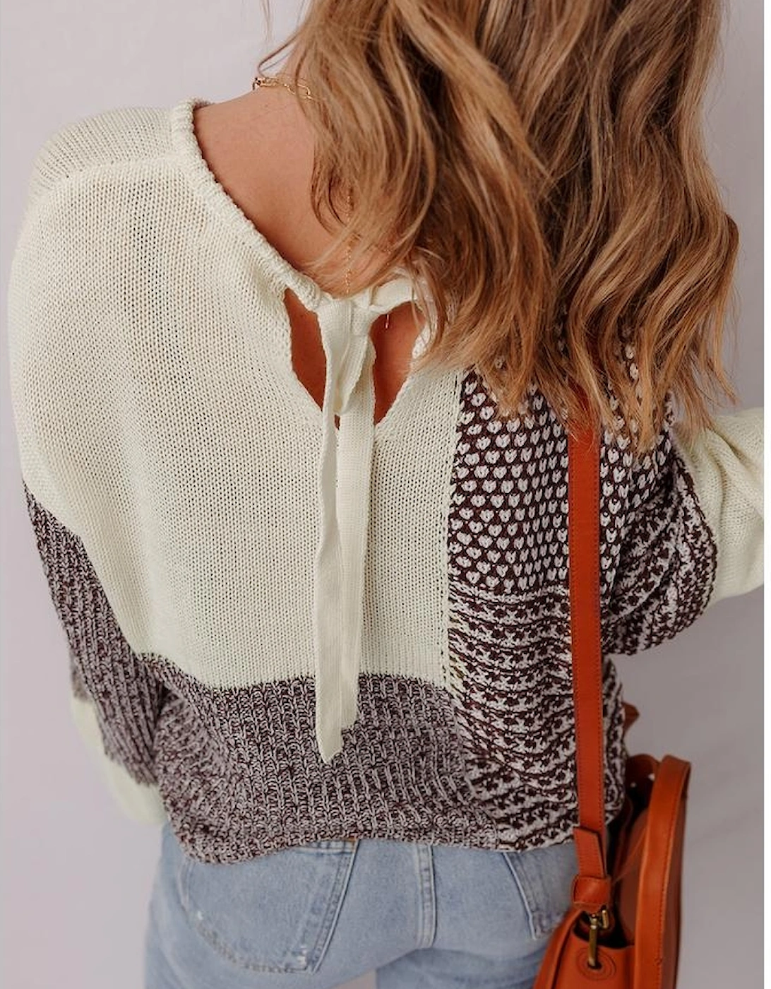 Dark Khaki Color Block Back Tie Drop Shoulder Loose Sweater
