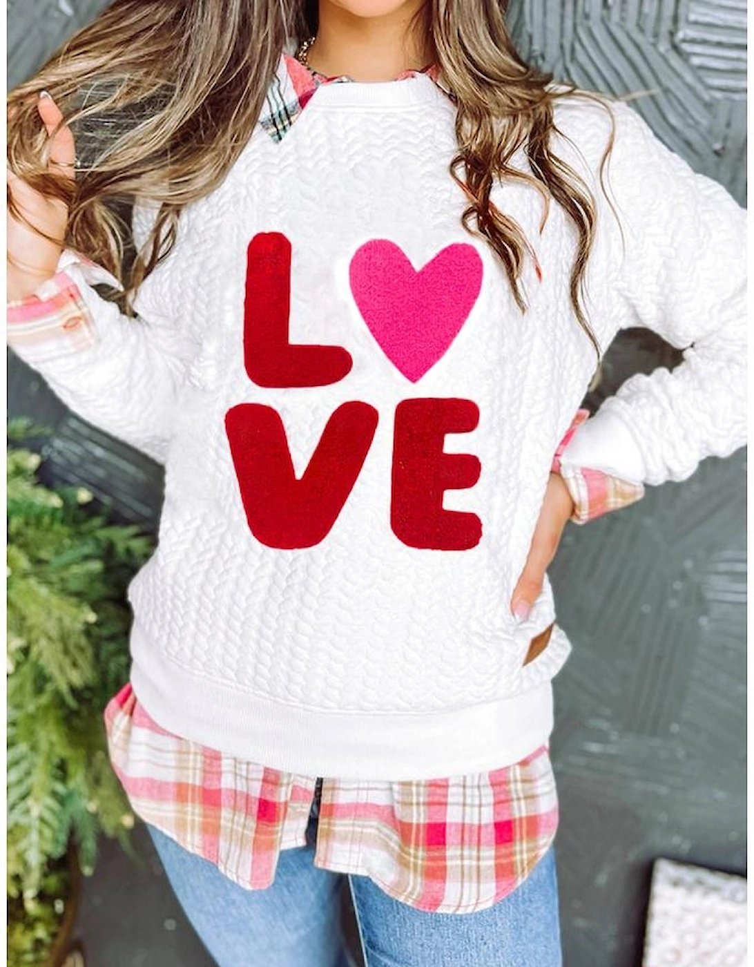 White LOVE Chenille Embroidered Cable Knit Pullover Sweatshirt