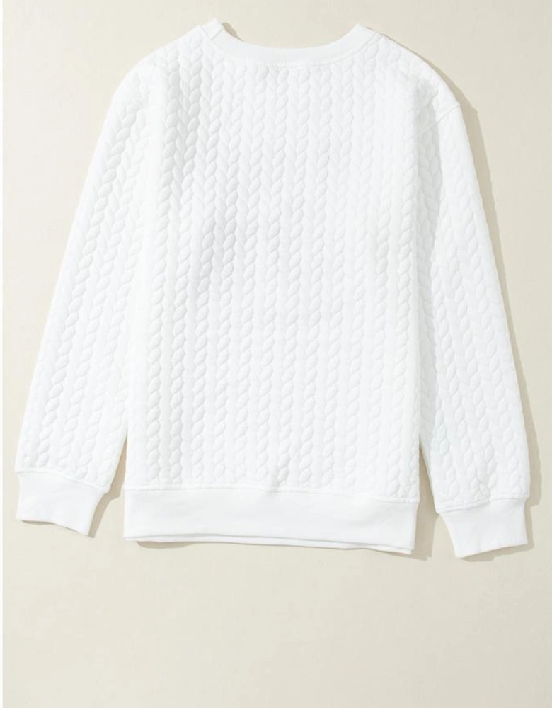 White LOVE Chenille Embroidered Cable Knit Pullover Sweatshirt