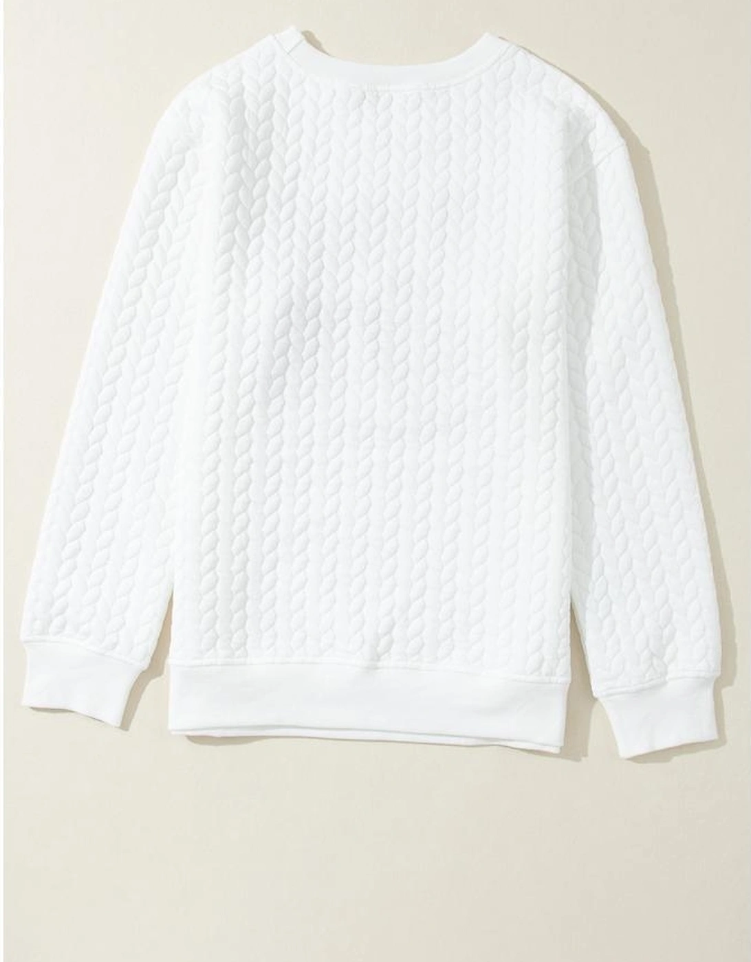 White LOVE Chenille Embroidered Cable Knit Pullover Sweatshirt