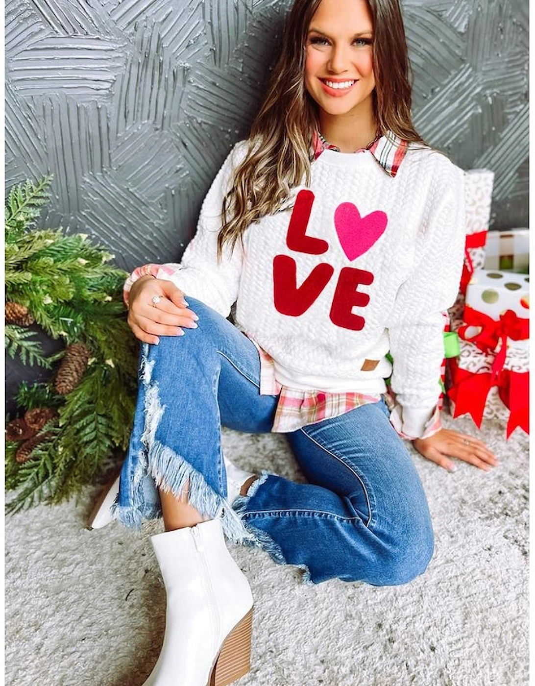 White LOVE Chenille Embroidered Cable Knit Pullover Sweatshirt
