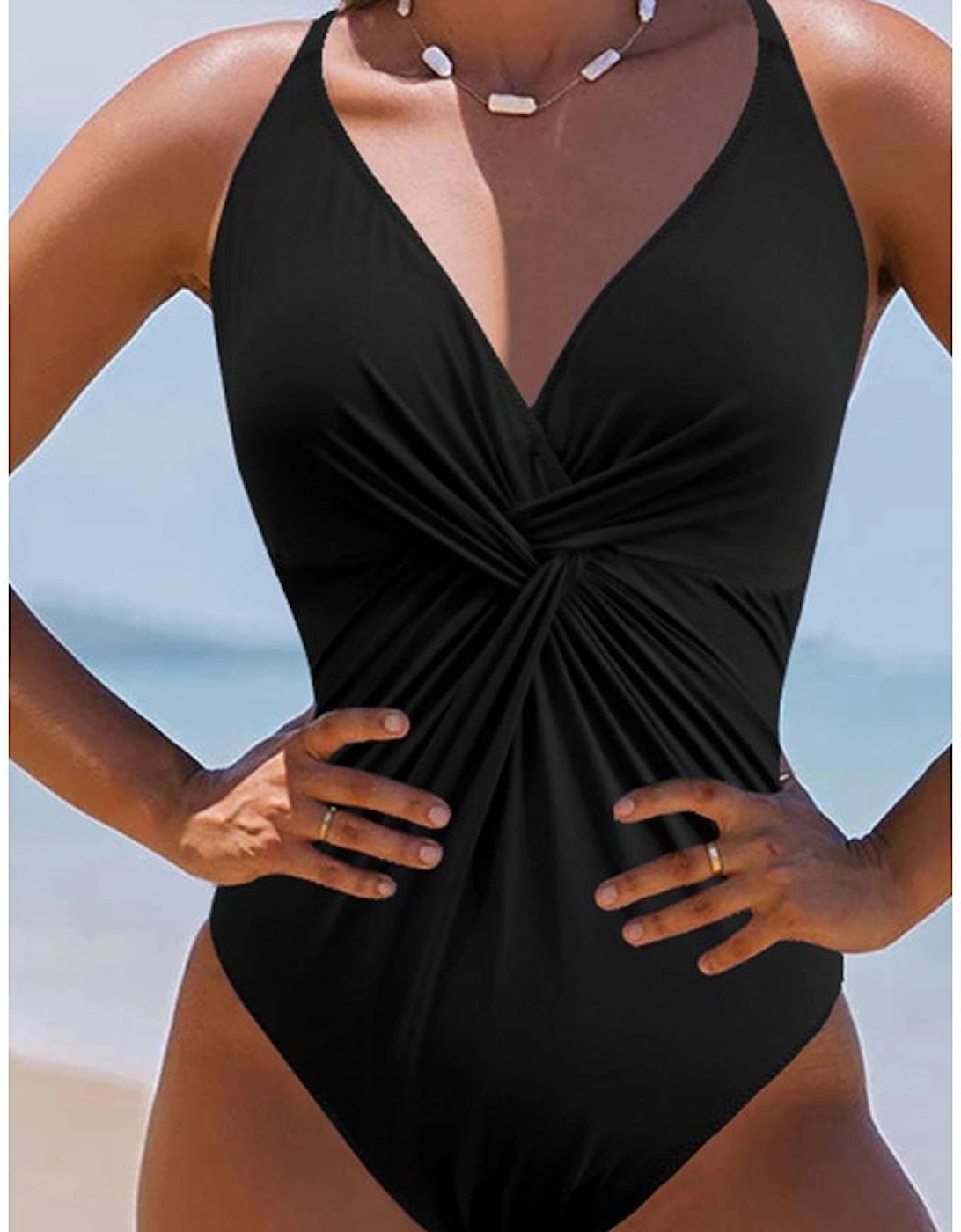Black V Neck Twist Ruched Crisscross Backless One-Piece Swimsuit
