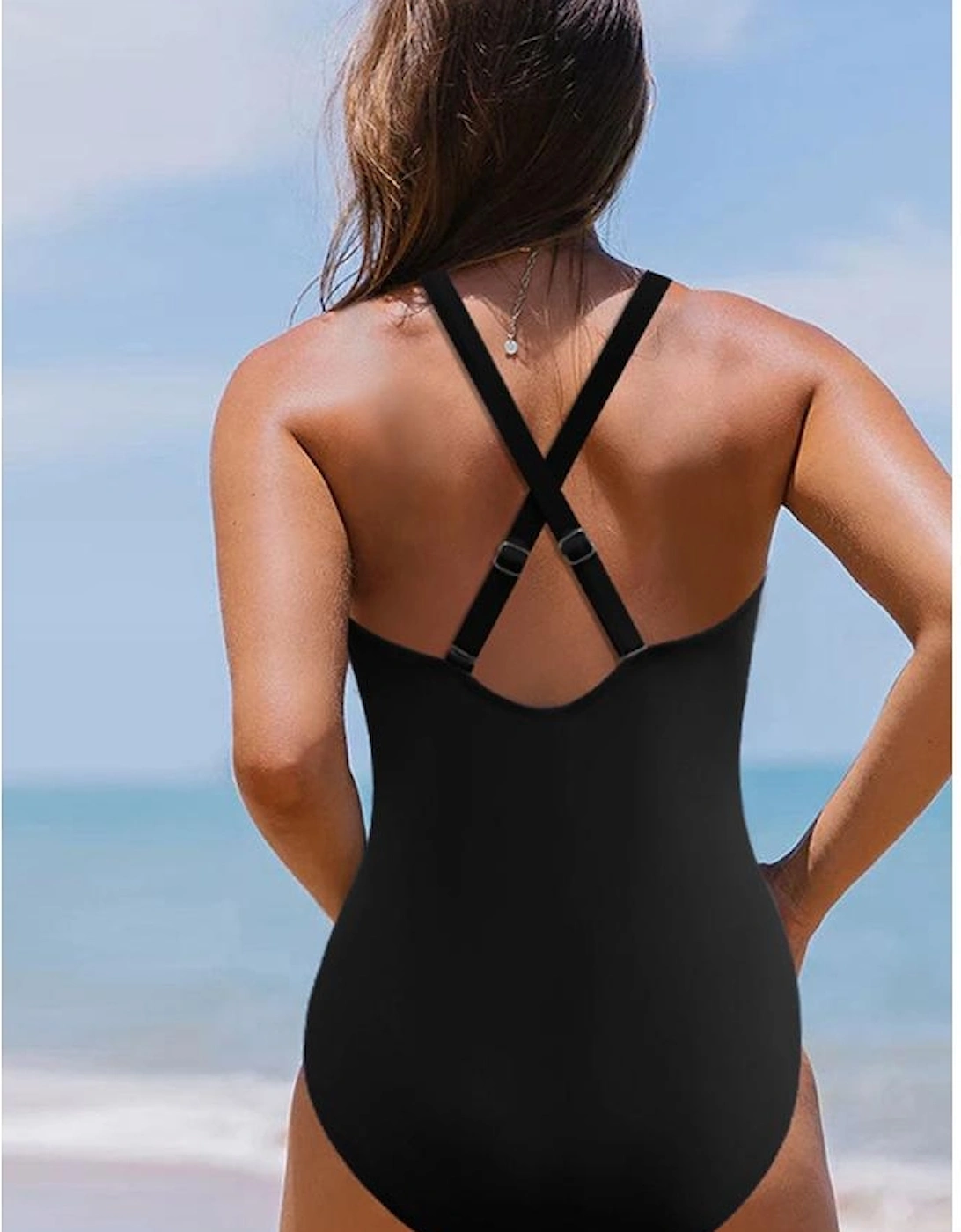 Black V Neck Twist Ruched Crisscross Backless One-Piece Swimsuit, 15 of 14