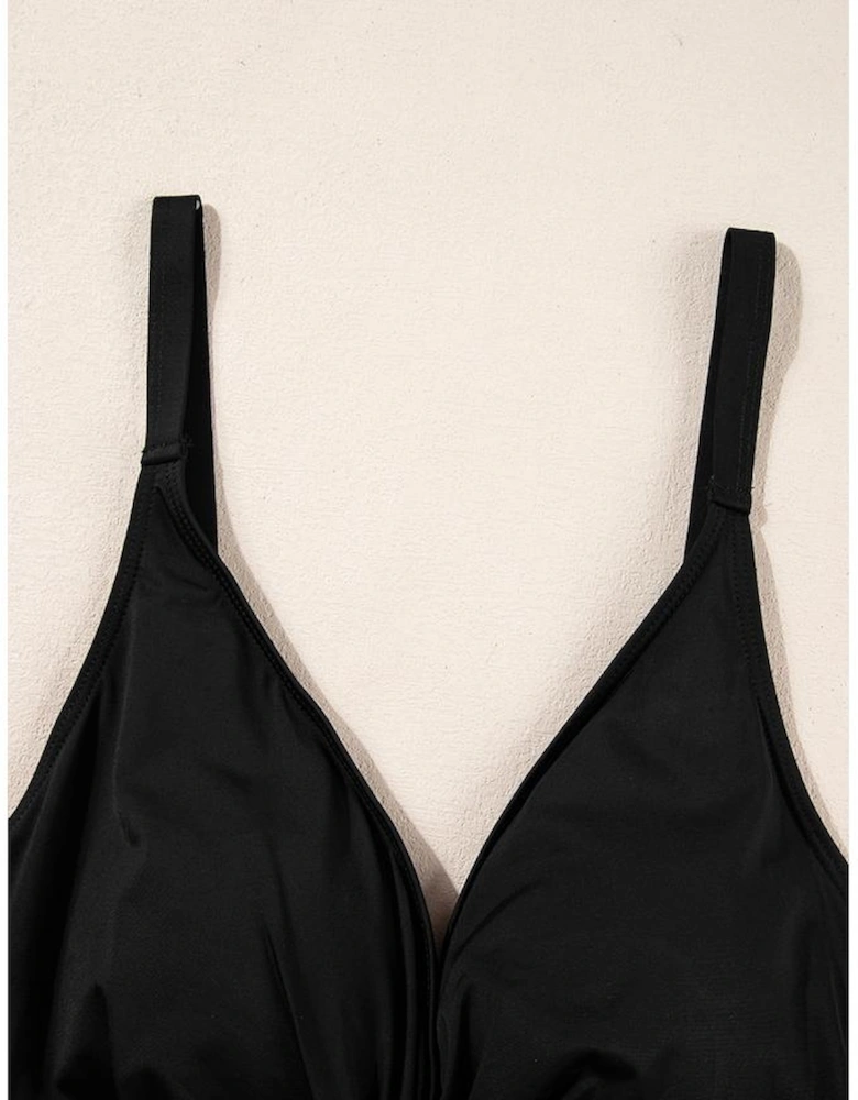 Black V Neck Twist Ruched Crisscross Backless One-Piece Swimsuit