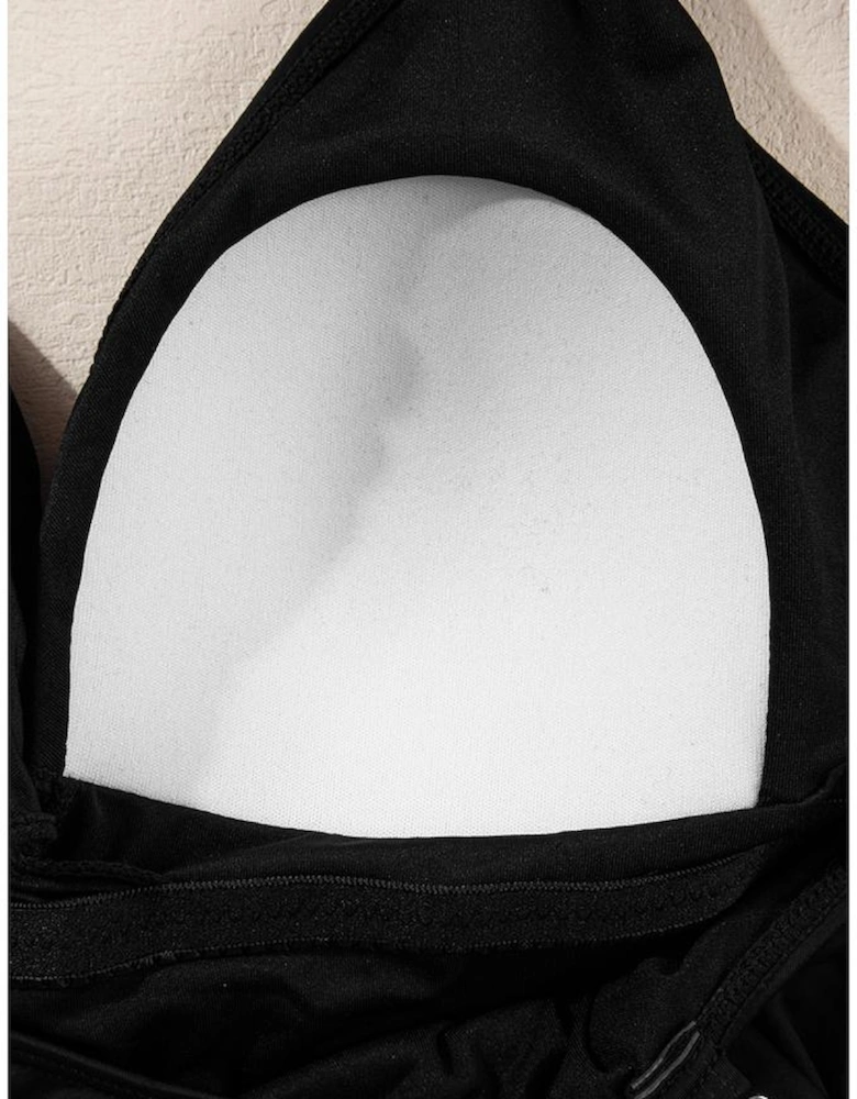 Black V Neck Twist Ruched Crisscross Backless One-Piece Swimsuit