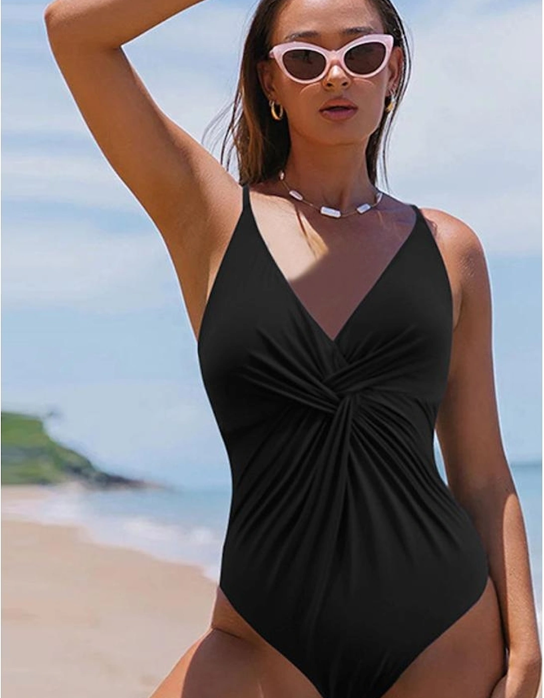 Black V Neck Twist Ruched Crisscross Backless One-Piece Swimsuit