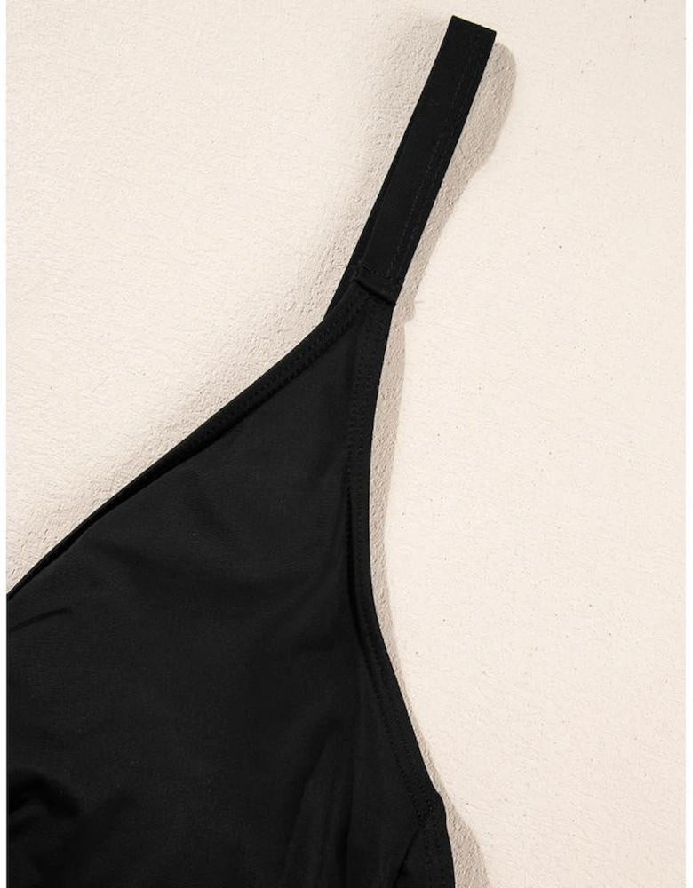 Black V Neck Twist Ruched Crisscross Backless One-Piece Swimsuit