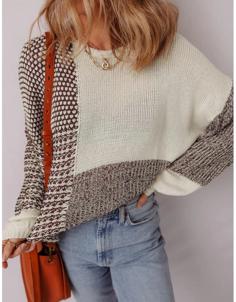 Dark Khaki Color Block Back Tie Drop Shoulder Loose Sweater