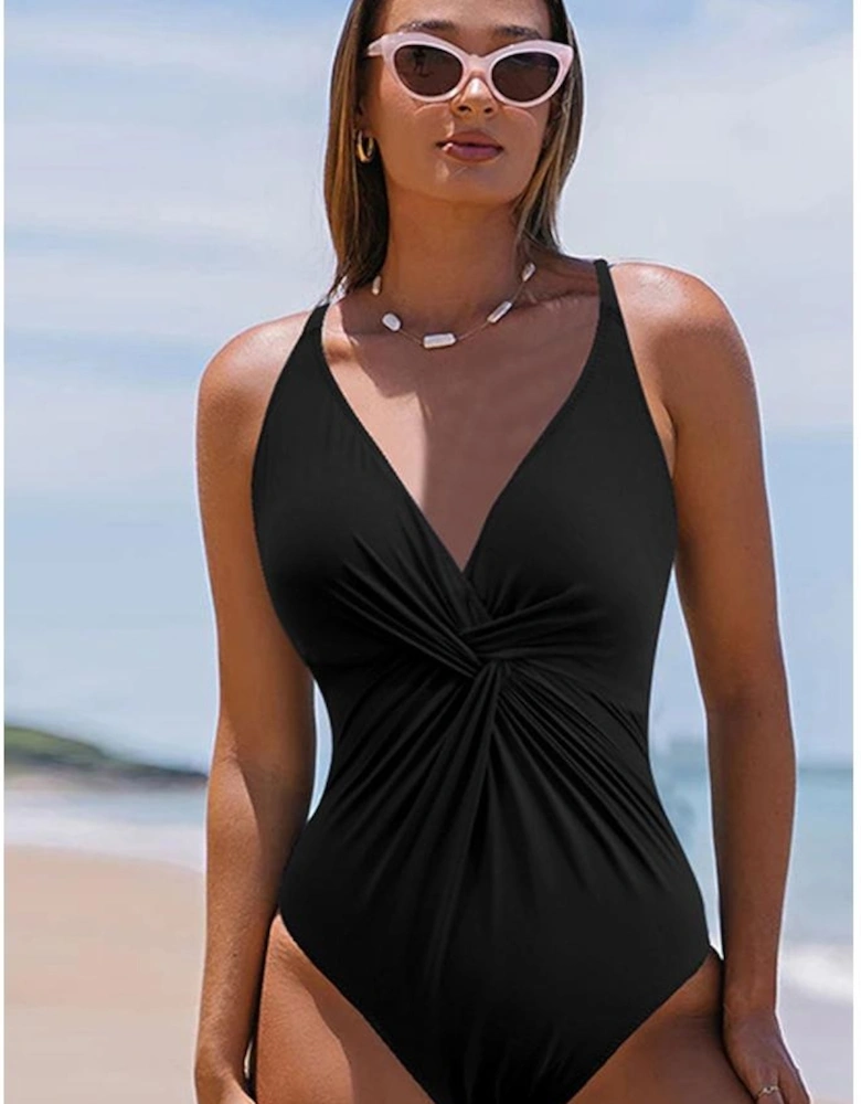 Black V Neck Twist Ruched Crisscross Backless One-Piece Swimsuit