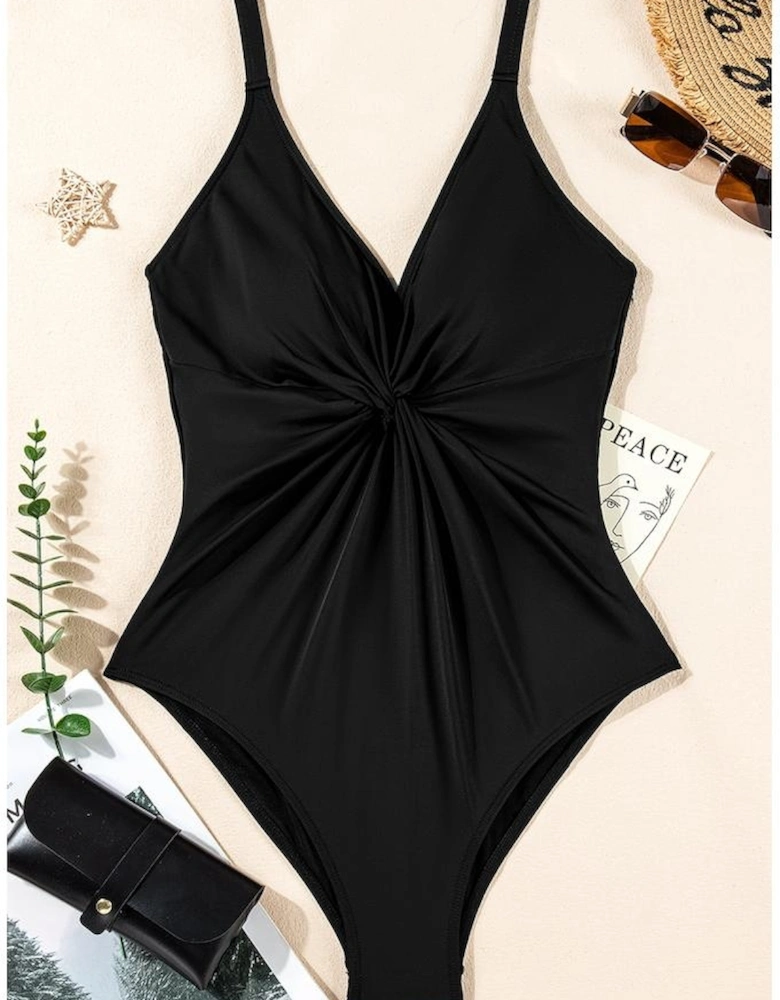 Black V Neck Twist Ruched Crisscross Backless One-Piece Swimsuit