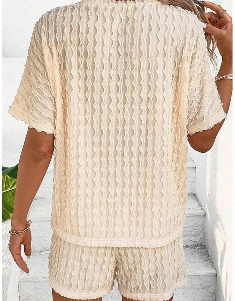 Beige Frill Textured Short Sleeve Top and Drawstring Shorts Set