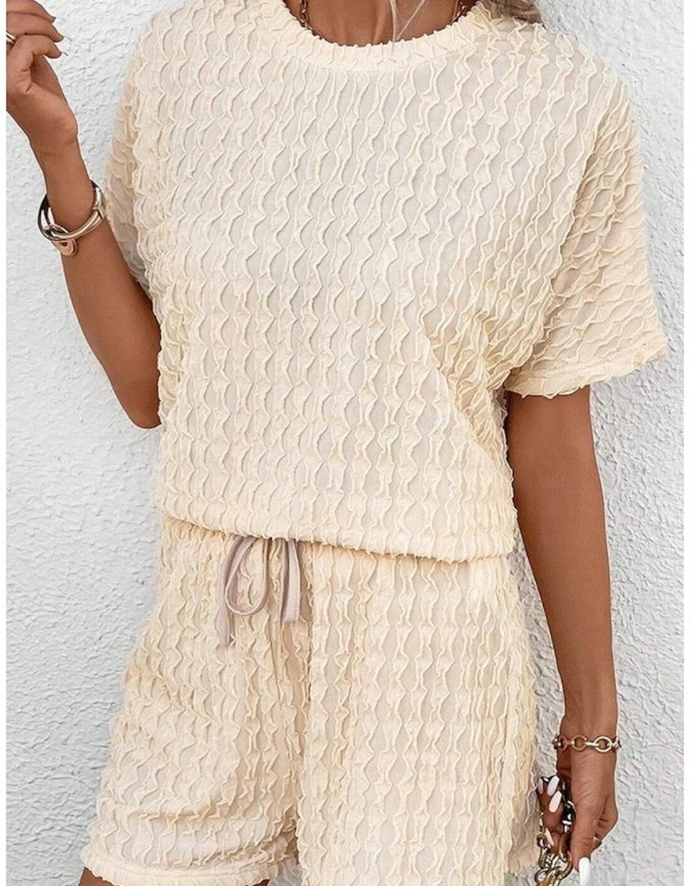 Beige Frill Textured Short Sleeve Top and Drawstring Shorts Set
