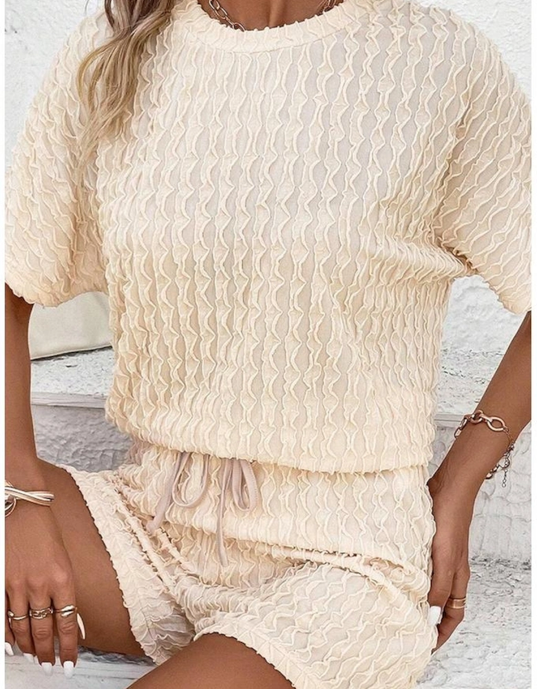 Beige Frill Textured Short Sleeve Top and Drawstring Shorts Set