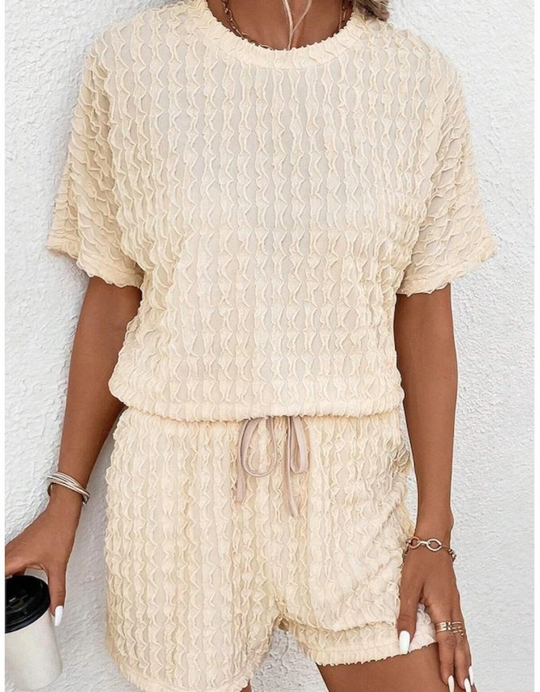 Beige Frill Textured Short Sleeve Top and Drawstring Shorts Set