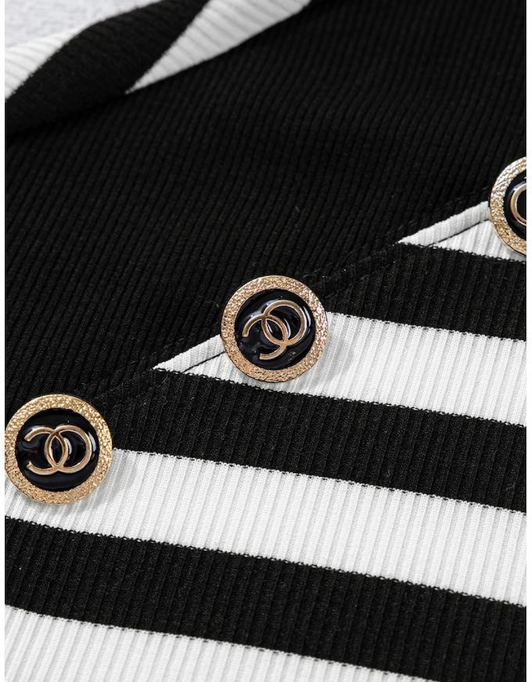 Black Stripe Crochet Hollow-out Back Buttoned Shoulder V Neck Top