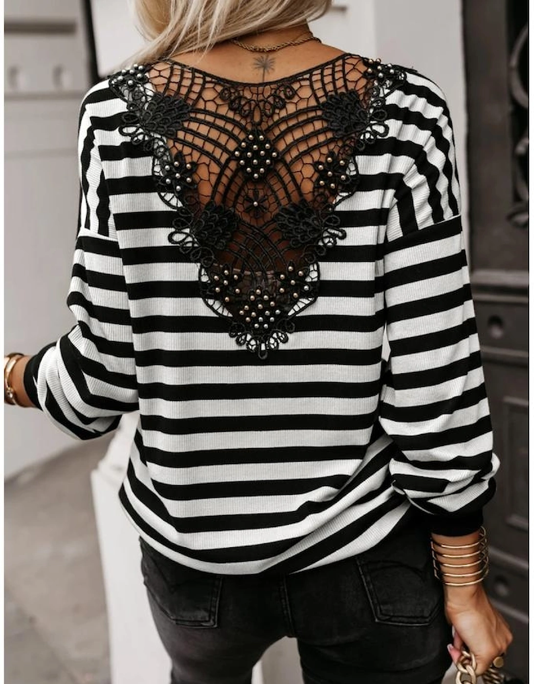 Black Stripe Crochet Hollow-out Back Buttoned Shoulder V Neck Top