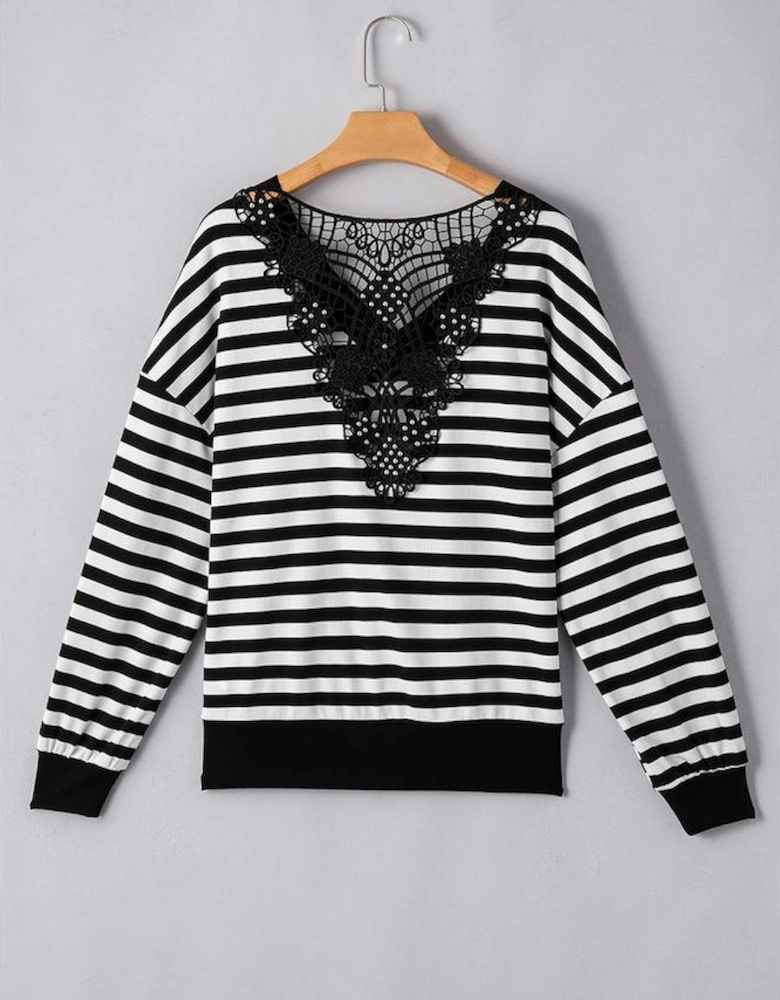 Black Stripe Crochet Hollow-out Back Buttoned Shoulder V Neck Top