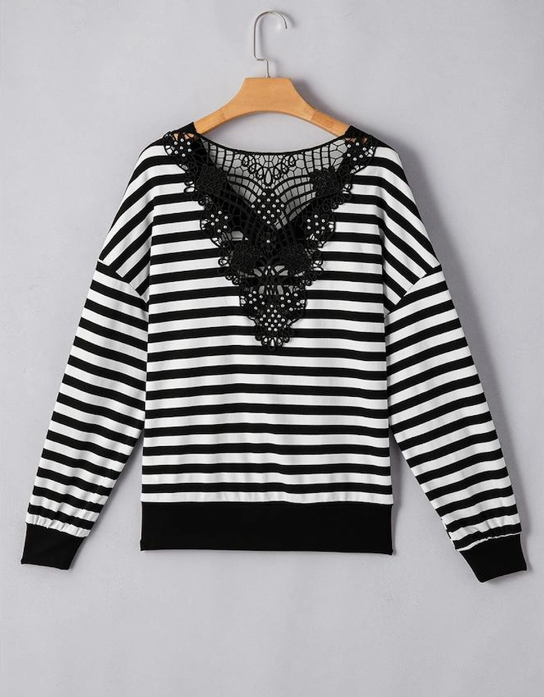 Black Stripe Crochet Hollow-out Back Buttoned Shoulder V Neck Top