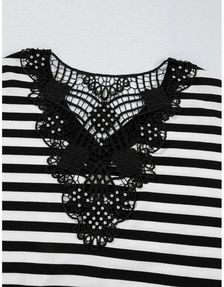 Black Stripe Crochet Hollow-out Back Buttoned Shoulder V Neck Top