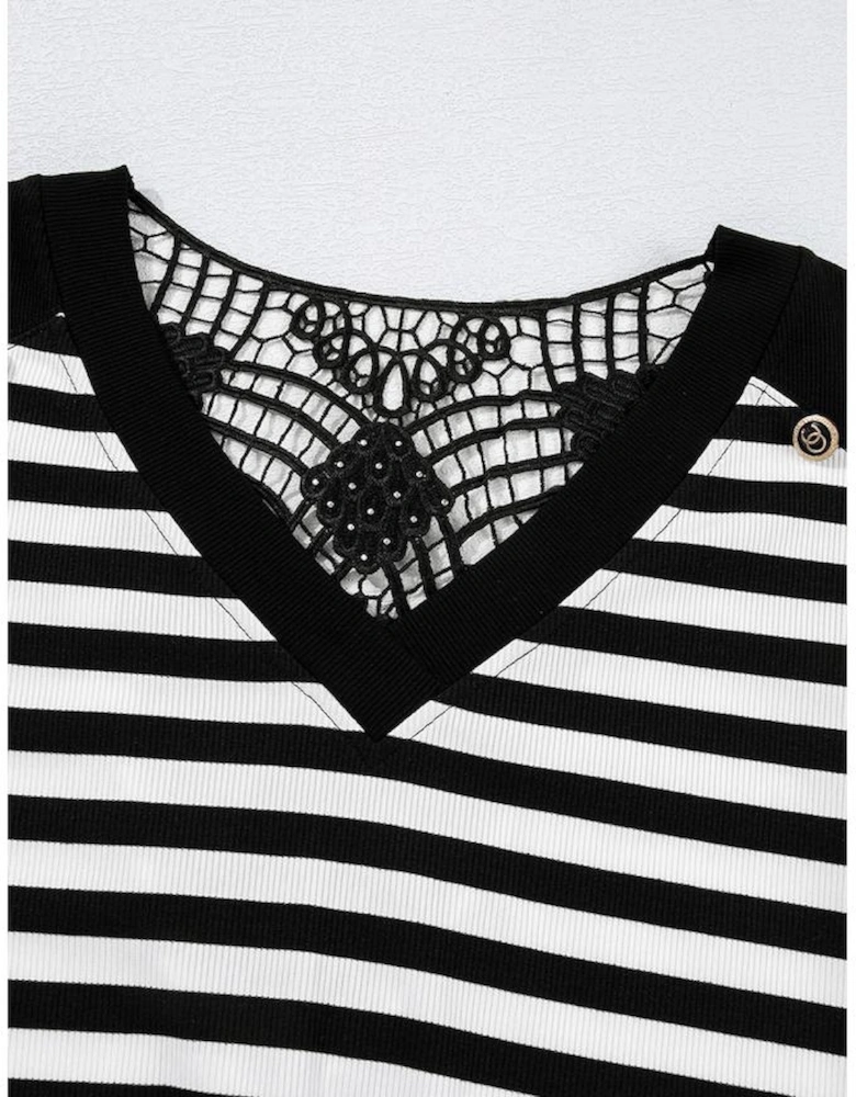 Black Stripe Crochet Hollow-out Back Buttoned Shoulder V Neck Top