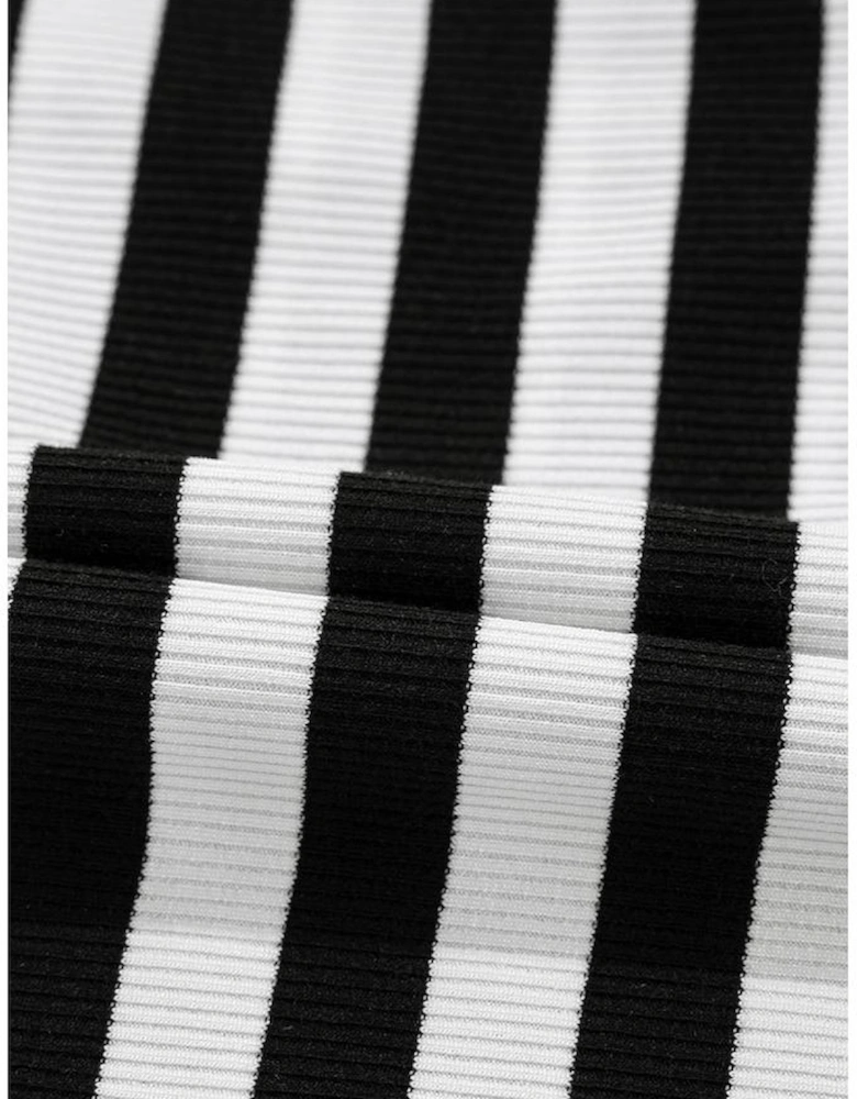 Black Stripe Crochet Hollow-out Back Buttoned Shoulder V Neck Top