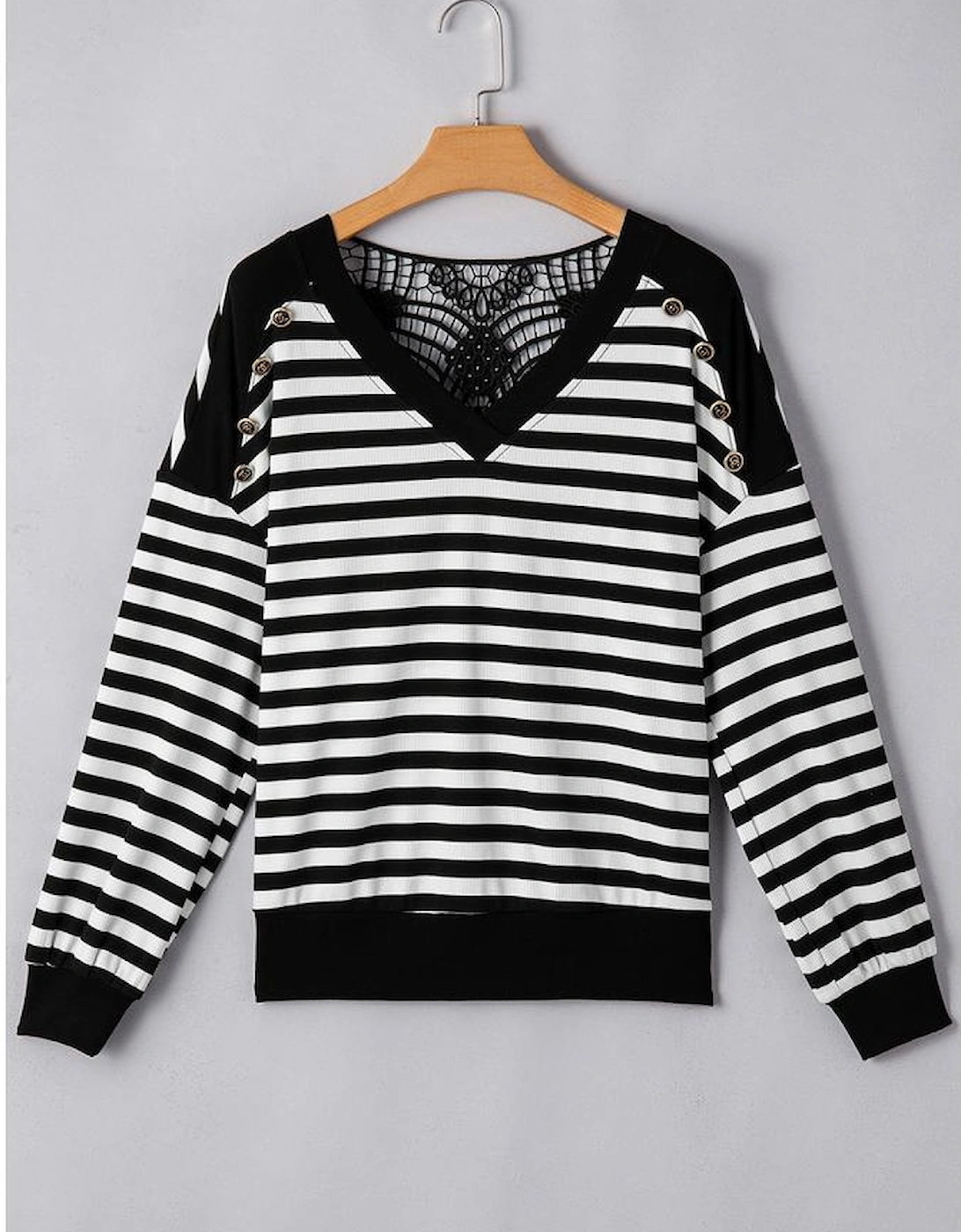 Black Stripe Crochet Hollow-out Back Buttoned Shoulder V Neck Top