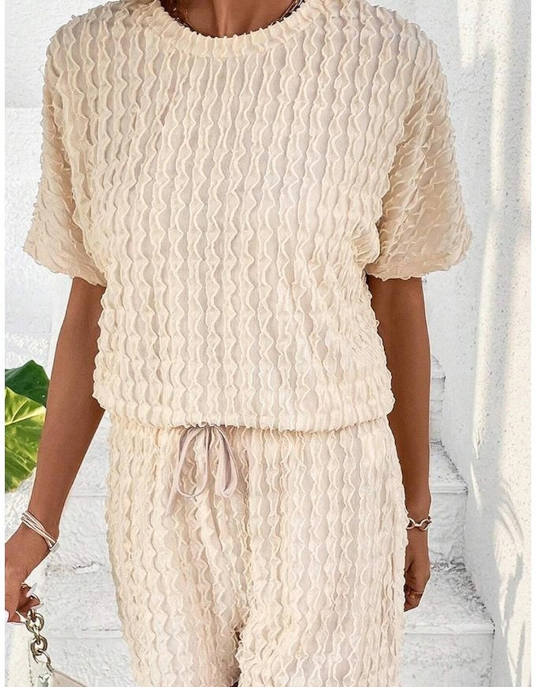 Beige Frill Textured Short Sleeve Top and Drawstring Shorts Set