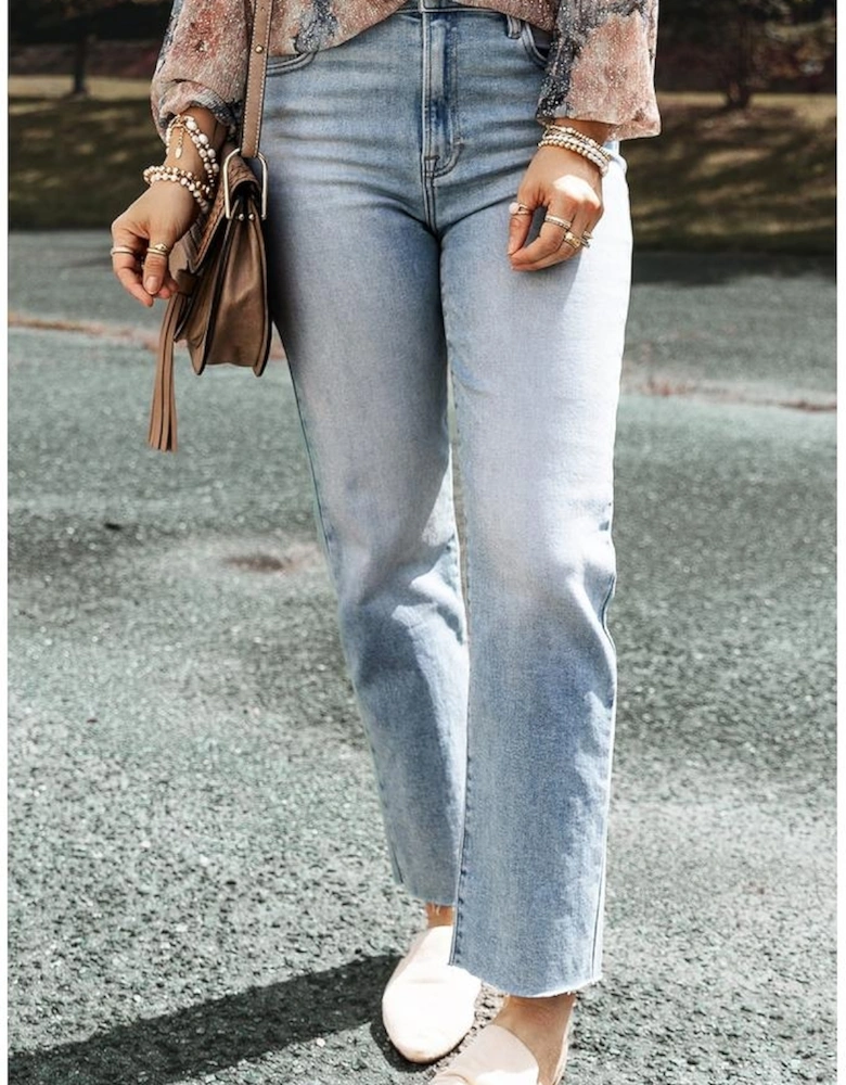 Light Blue Acid Wash Raw Edge Straight Jeans