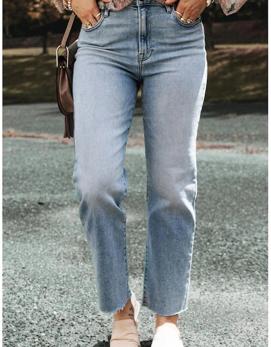Light Blue Acid Wash Raw Edge Straight Jeans, 6 of 5