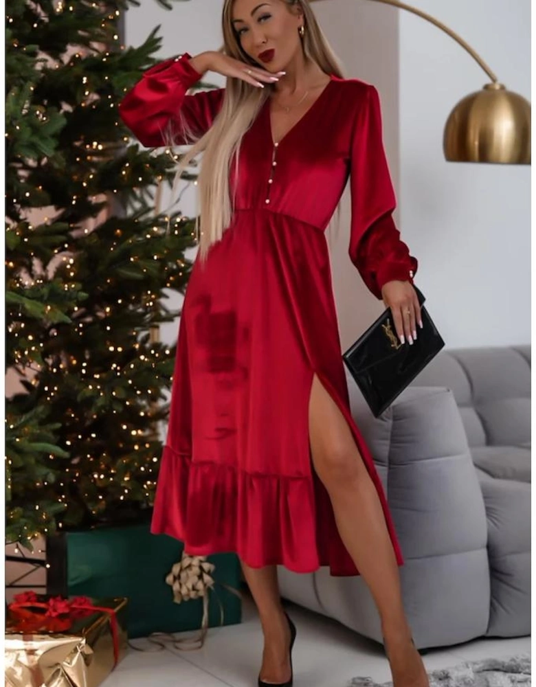 Racing Red Velvet Buttoned Puff Sleeve V Neck Split Midi Dress