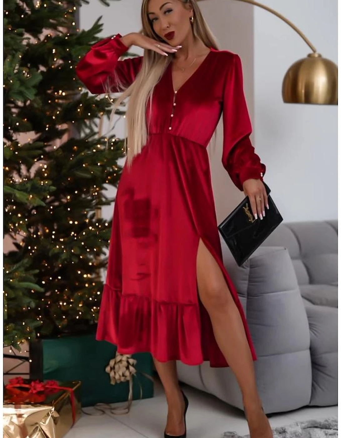 Racing Red Velvet Buttoned Puff Sleeve V Neck Split Midi Dress
