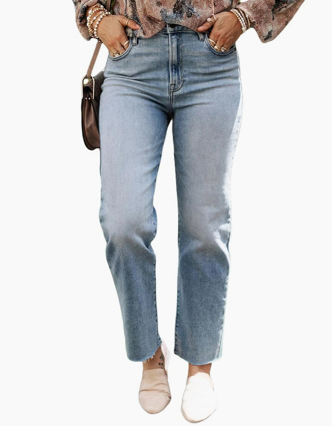 Light Blue Acid Wash Raw Edge Straight Jeans