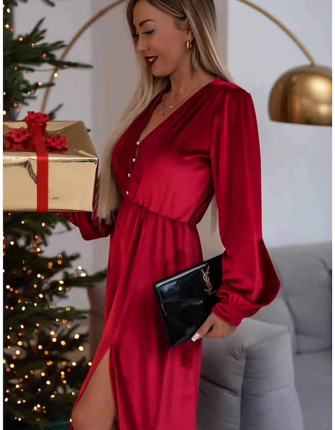 Racing Red Velvet Buttoned Puff Sleeve V Neck Split Midi Dress