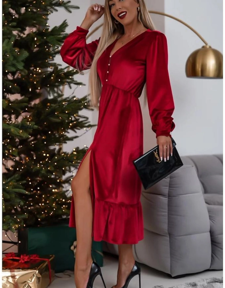 Racing Red Velvet Buttoned Puff Sleeve V Neck Split Midi Dress