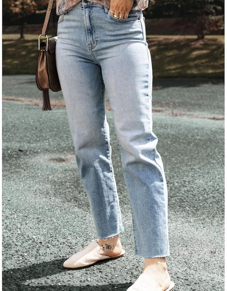 Light Blue Acid Wash Raw Edge Straight Jeans