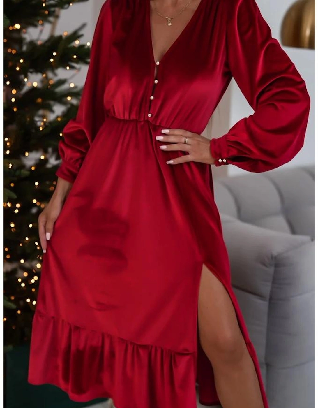 Racing Red Velvet Buttoned Puff Sleeve V Neck Split Midi Dress